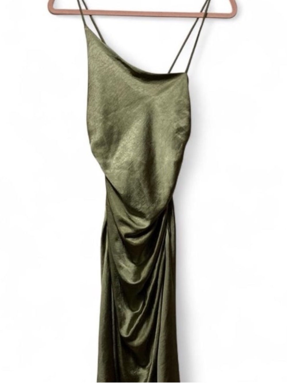Line & Dot Olive Satin Slip Dress with Draped Skirt